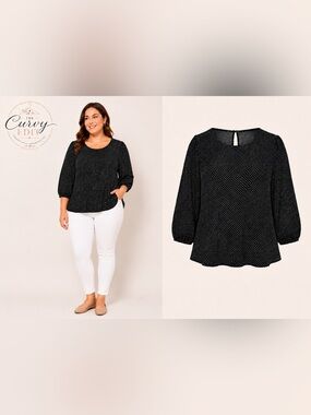 EUC Black Textured Puff-Sleeve Top 1X White Polka Dots